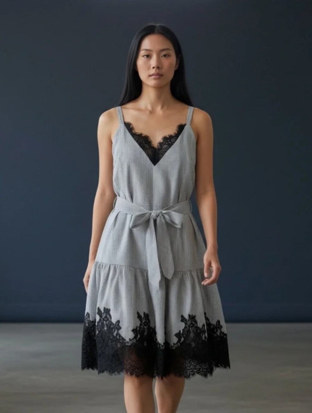 $350 Gold Hawk 100% Silk Striped Lace Midi Slip Dress S NWT